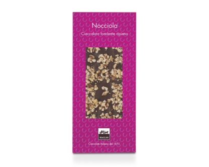 Maglio - Lahodná tmavá čokoláda plnená lieskovcovým krémom s posypom z lieskovcov, 95g