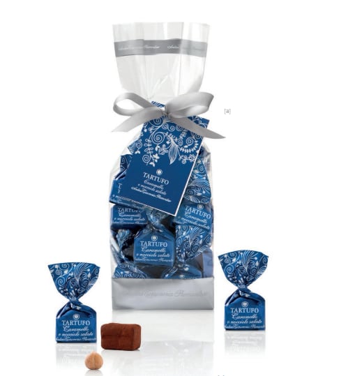 Torrone - ČOKOLÁDOVÉ PRALINKY TARTUFO S LIESKOVCAMI, SLANÝM KARAMELOM A BIELOU ČOKOLÁDOU, BEZ GMO, BEZ LEPKU, 200 g